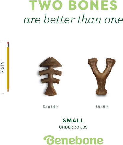 Benebone 2-pack Fishbone/Wishbone Durable Dog Chew Toys, Real Fish, Real Bacon, Made in USA, Small