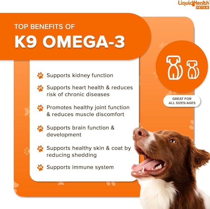Liquid Health Pets K9 Omega 3 Fish Oil for Dogs - Liquid Omega 3 Supplement for Pets with EPA + DPA + DHA - Reduce Itching & Shedding, Support Joints, Immunity, Brain & Heart Health - USA Made (16 oz)