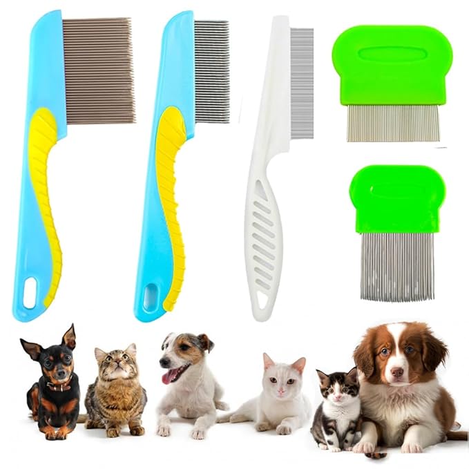 5pcs Flea Comb,Dematting Comb for Dog and Cat,Stainless Steel Teeth Head Nit Comb for Small,Medium&Large Pets,Lice Combs,Tick Comb for Dogs,Dog Combs for Grooming(A-blue green white)