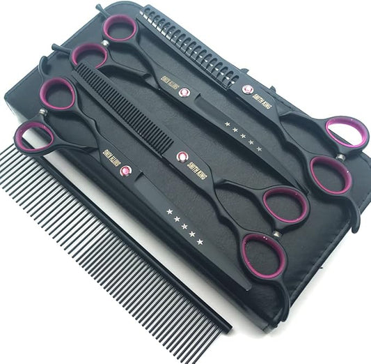 7.0 inches Professional Dog Grooming Scissors Set Straight & thinning & Curved & chunkers & comb 5pcs in 1 Set for left-handed & right handed Black