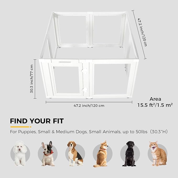 Clear Acrylic Plastic Dog Playpen Indoor,for Puppy Cat Rabbit Ferret Transparent Pet Pen,Easy Assemble Whelping Crate Kennel Cage Enclosure for Small & Medium Dogs (30.3" Height, 8PCS)