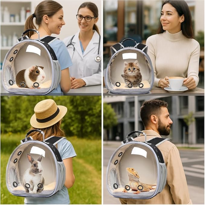 Bunny Carrier, Guinea Pig Carrier,Small Animal Carrier Backpack for Rabbit,Bearded Dragon, Lizard,Hamster,Kitten. Breathable Pet Travel Cage Bag Perfect for Vet Visits & Outdoor Adventures (Black)