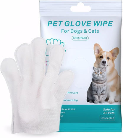 Pet Glove Wipe for Dogs & Cats, Hypoallergenic, Rinse Free, Cleansing and Deodorizing, Cat & Dog Wipes for Paws and Butt, 6 PCS/Pack (1Pack)