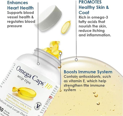Omega Caps HP Snip Tips for Medium and Large Dogs High Potency EPA and DHA Maximum Bioavailability Fish Oil Supplement Vet Formulated Made in USA Skin Coat Joint and Heart Health 250 Capsules
