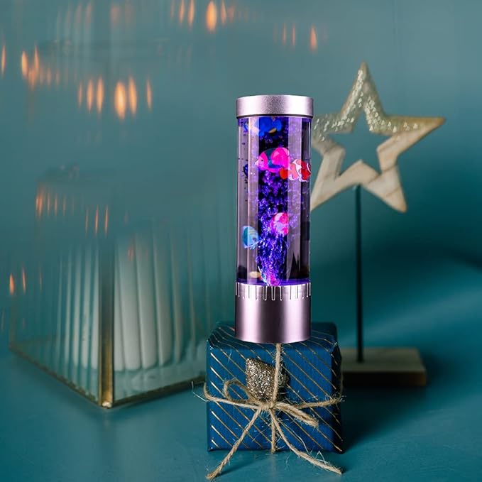 Bubble Fish Lamp with 6 Floating Fake Fish – LED Aquarium Night Light with Bubbles – Cylindrical Transparent Tank, Perfect for Kids’ Rooms, Offices, and Living Spaces