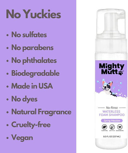 Mighty Mutt Hypoallergenic Waterless Shampoo for Dogs | Dry Shampoo for Dogs | Waterless Foam No Rinse | Anti-Itch, Soothing and Deodorizing | Spring Meadow | 8 Fl Oz