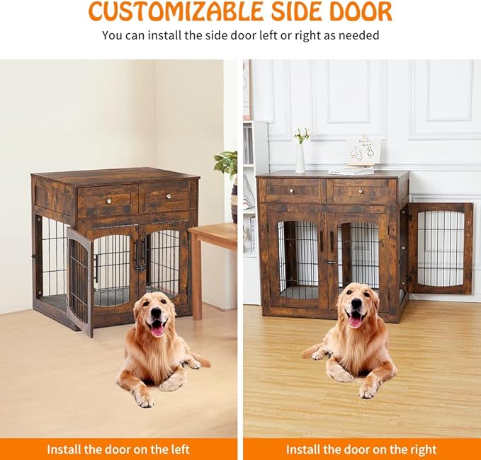 Dog Crate Furniture with Double Drawers, Wooden End Table Dog Kennel, Furniture Style Wood House Crate for Large Dogs, Decorative Dog Crate with Storage for Large Breed, 40 Inch Retro