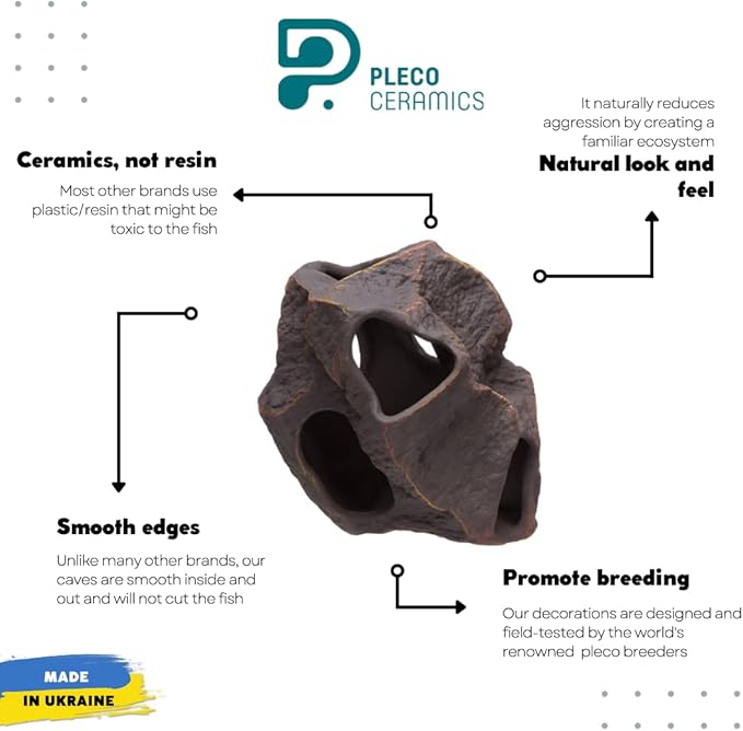 Plecoceramics Aquarium Ceramic Decorations Cave Betta Stone Decor - Aquarium Fish Tank Hideway Decor for breeding Cichlids Plecos Betta Toys Hideout (Boulder)