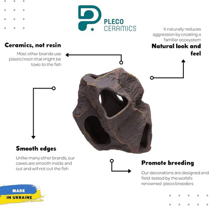 Plecoceramics Aquarium Ceramic Decorations Cave Betta Stone Decor - Aquarium Fish Tank Hideway Decor for breeding Cichlids Plecos Betta Toys Hideout (Boulder)