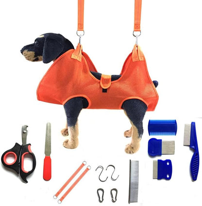 Dog Grooming Hammock with Flea Comb and Dog Nail Clipper, Pet Dog Grooming Hammock Harness with Cat Nail Clipper, Nail File and Dog Brush, Dog Sling for Nail Clipping/Nail Trimming (M, Orange)