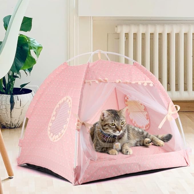 pawstrip Dog Tent Indoor Cat House Pink Puppy Bed Portable Pet Teepe Princess Dog Camping Tent Outdoor Kitten Houses Cute Bunny Nest Girl Kitty Cave (L, Light Pink)