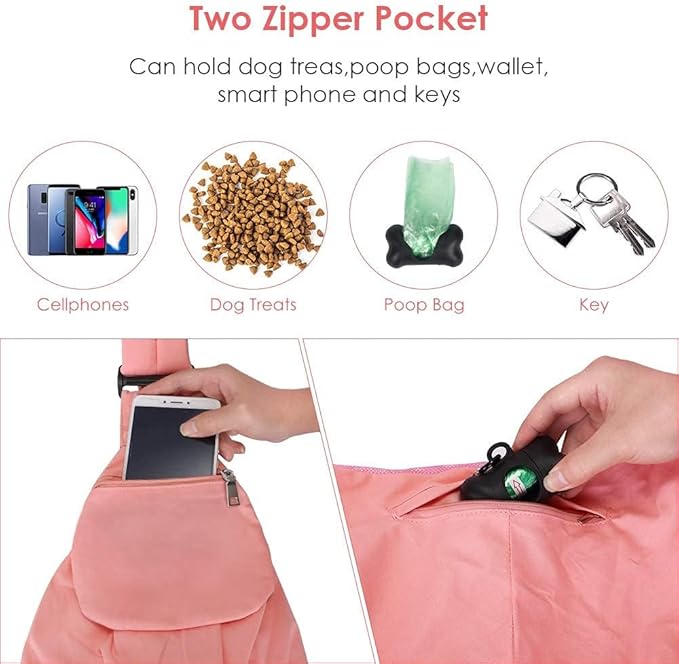 SlowTon Dog Carrier Sling - Hard Bottom Support Dog Carriers for Small Dogs with Adjustable Padded Shoudler Strap, Dog Purse for Puppy Cat Pet with Drawstring Opening Storage Zipper Pockets (Peach)