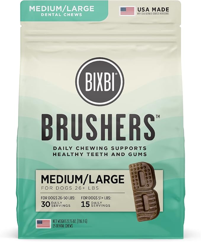 BIXBI Natural Dog Dental Care Chews Oral Health Dog Treats, for Medium/Large Size Dogs, 15 Treat Pack