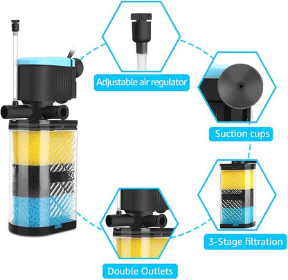 Kulife Aquarium Filters – 3-Stage Aquarium Filter in-Tank Filter Internal Filter Fish Tank Filter Turtle Filter for 70-100 Gallon Fish Tanks with Dual Water Outlet and Aeration