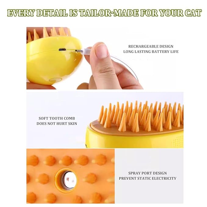 3 in 1 Pet Hair Brush, Steamy Cat Brush for Massage, Multifunctional Hair Brush for Removing Tangled and Loose Hair, Yellow, Hair Removal Comb for Cat and Dog