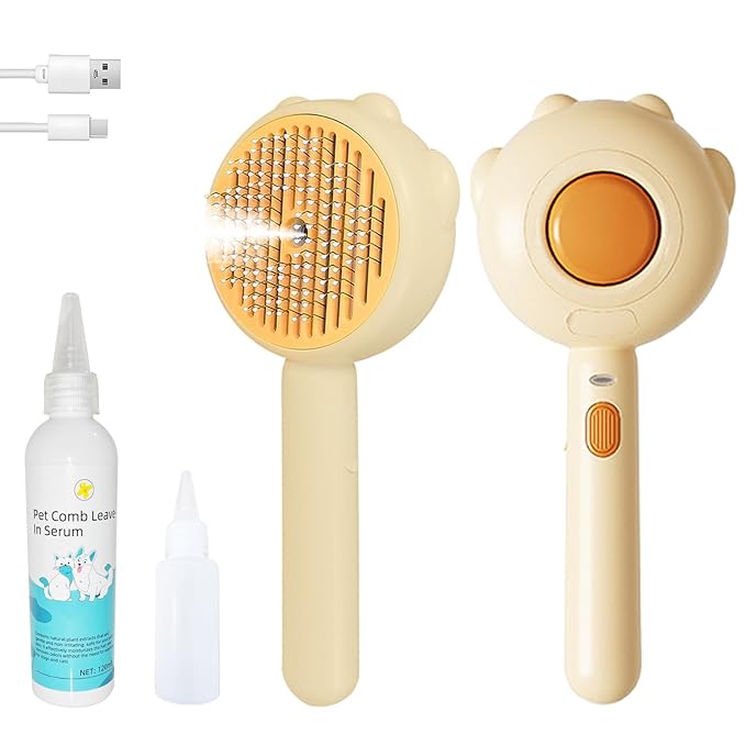 3-in-1 Steam Brush For Catsï¼_ndoor Dog Grooming Shedding Defur Combï¼_or Long And Short Haired Pets Spray Hair Removal Comb  Includes Cleaning Waterless Shampoo