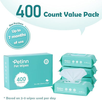 Pet Wipes for Dogs and Cats, Paws Butt Fur Cleaning Deodorizing, 400 Count Unscented Pet Grooming Wipes with 8"x8" Biodegradable Bamboo Fiber, Puppy Kitten Bath Wipe, Hypoallergenic, Licking Safety