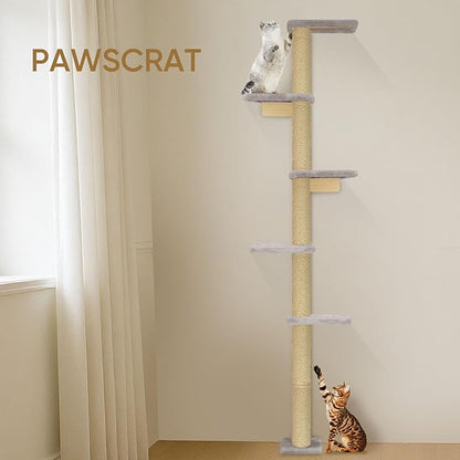 PAWSCRAT Wall-Mounted Cat Tree, 5 Tier Floor to Ceiling Cats Tower, 80 Inch Wall-Mounted Cat Scratching Post, Space Saving Cat Furniture and Easliy Climb for All Cats, Gery