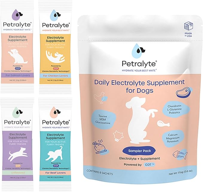 Petralyte Dog Electrolytes and Joint Supplement | Glucosamine, Chondroitin & MSM for Inflammation and Mobility Support | Electrolytes for Dogs with Prebiotics | Sample Pack | 8 Packets