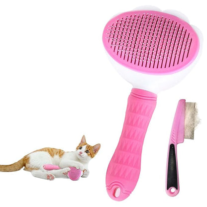 Cat Brush for Grooming, Pet Self Cleaning Slicker Brush with Cat Hair Comb (PINK PLUS)