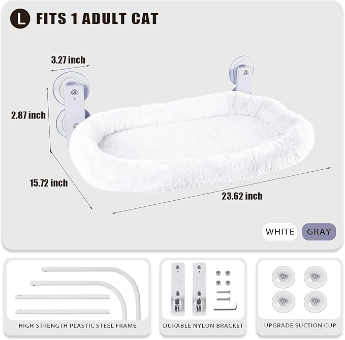Cat Window Perch with Strong Suction Cups, 55lbs Hold Weight Tested, Foldable Cat Window Hammock Bed with Breathable Mesh, All-Season Lounger for Medium Small Cats to Bird Watch & Sunbathe (White, L)