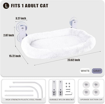 Cat Window Perch with Strong Suction Cups, 55lbs Hold Weight Tested, Foldable Cat Window Hammock Bed with Breathable Mesh, All-Season Lounger for Medium Small Cats to Bird Watch & Sunbathe (White, L)