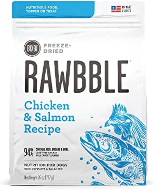 BIXBI Rawbble Freeze Dried Dog Food, Chicken & Salmon Recipe, 26 oz - 94% Meat and Organs, No Fillers - Pantry-Friendly Raw Dog Food for Meal, Treat or Food Topper - USA Made in Small Batches