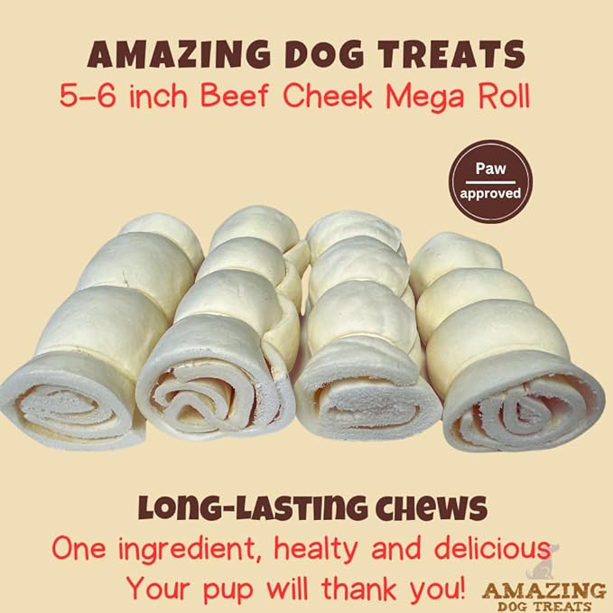 Amazing Dog Treats - Beef Cheek Rolls (Mega Thick 5-6" - 8 Pcs) - Safe Rawhide Alternative Dog Chew - Great for Power Chewers - Long Lasting Dog Chew - Retriever Rolls for Dogs