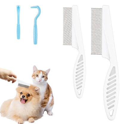 2pcs Pet Combs & 2pcs Tick Removal Tool, Fine-Tooth Flea Comb Tear Stain Removal Multifunctional Magic Pet Hair Cleaning Grooming Tools with Stainless Steel Teeth for Cats and Dogs