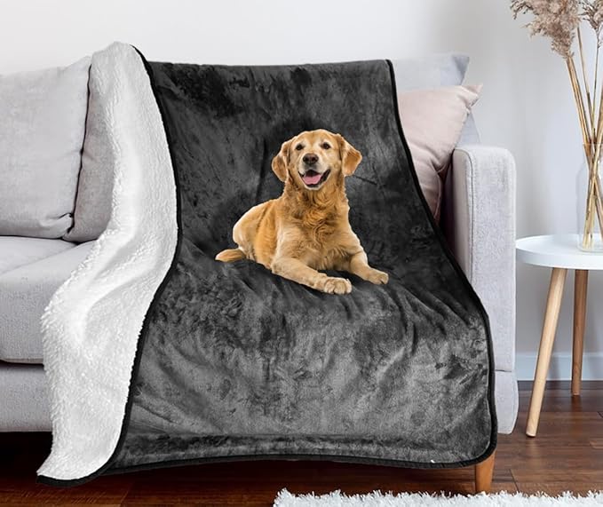 Bucephalus Waterproof Dog Blanket, Thick Reversible Soft Pet Blankets for Couch Bed Protection, Pee Proof Sherpa Fleece Blanket for Small Medium Large Dogs Puppy Cats Washable (Gray,50"_60")
