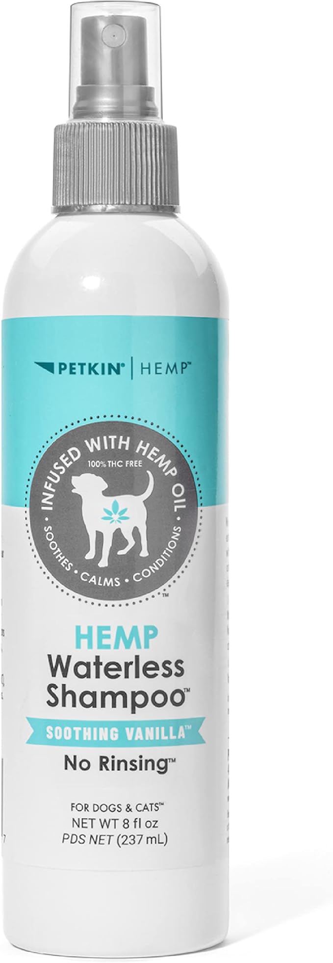Petkin Hemp Waterless Dog Shampoo Spray  with Hemp Oil & Soothing Vanilla Extract, 8 fl oz  for Cats and Dogs  Soothes, Calms & Conditions, Keeps Pet Smelling Great  for Home and Travel