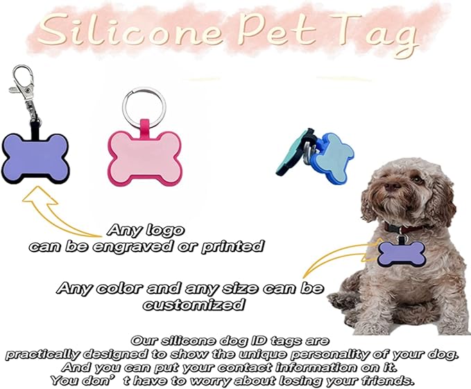6 Pack Original Silent Bone Design Silicone Pet Tag,Personalized ID Dog Tags,with Double Blank Sides to Engrave,6 Popular Colors in One Set