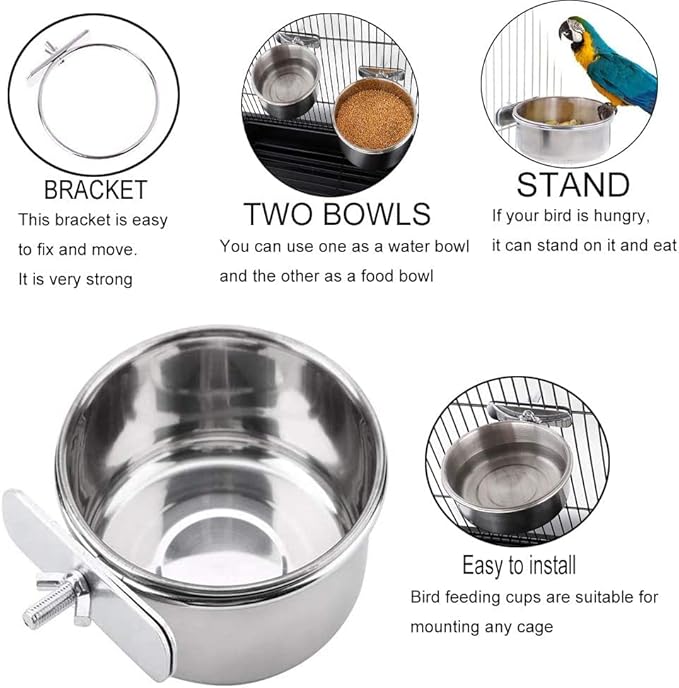 PINVNBY Parrot Feeding Cups Birds Food Dish Stainless Steel Parrot Feeders Water Cage Bowls with Clamp Holder for Cockatiel Conure Budgies Parakeet Parrot Macaw Small Animal Chinchilla Pack of 6