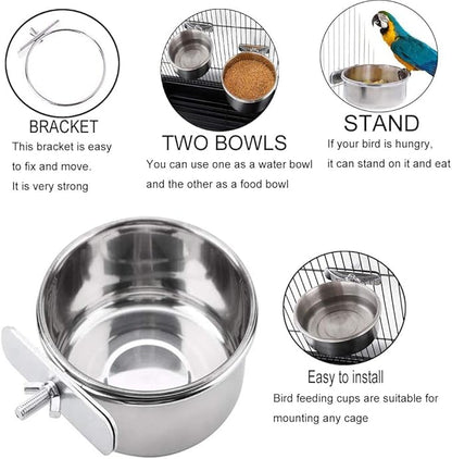 PINVNBY Parrot Feeding Cups Birds Food Dish Stainless Steel Parrot Feeders Water Cage Bowls with Clamp Holder for Cockatiel Conure Budgies Parakeet Parrot Macaw Small Animal Chinchilla Pack of 6