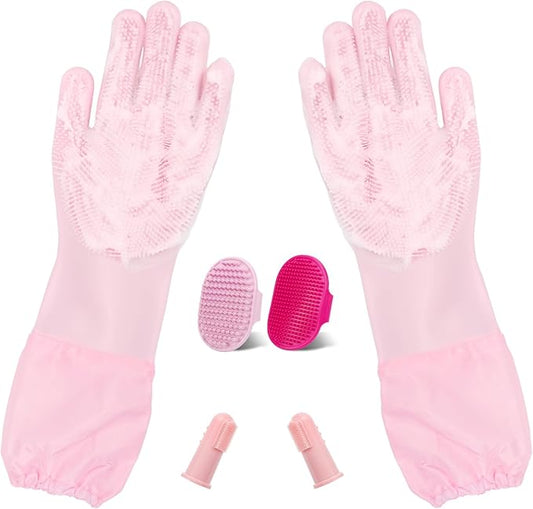 6PCS Pet Grooming Set - Lengthen Dog Washing Gloves, Dog Bath Brush, Dog Toothbrush Finger, Dog Shampoo Brush, Silicone Pet Bathing Gloves for Gentle Cleaning, Massaging, Shedding (Pink Grooming Set)