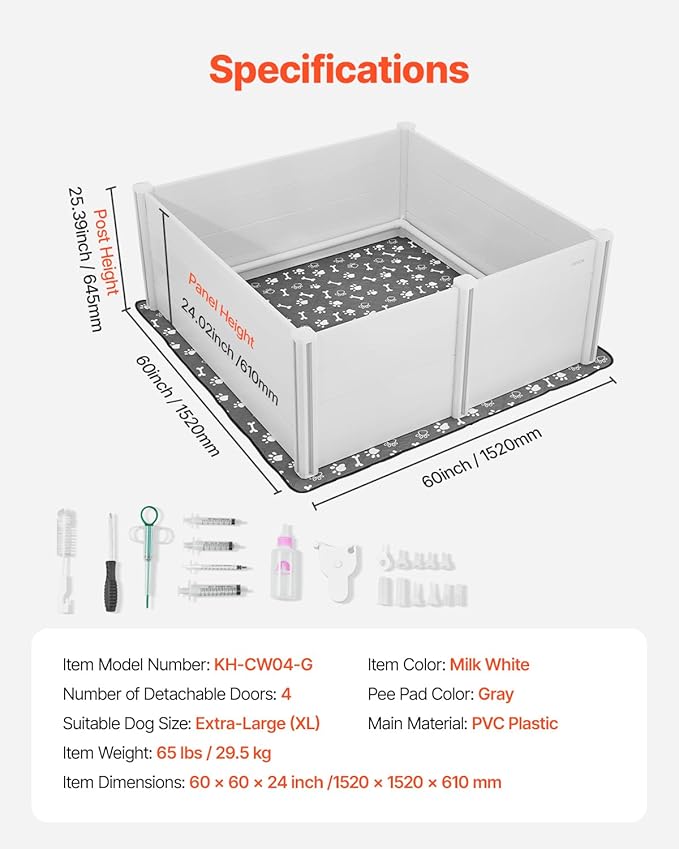 VEVOR Dogs Whelping Box, 60 x 60 x 24 inch, Plastic PVC Puppies Playpen with Height Adjustable Door and Washable Pee Pad, Anti-Deformation Indoor Puppy Play Pen for Extra Large Breed Dogs, Milk White