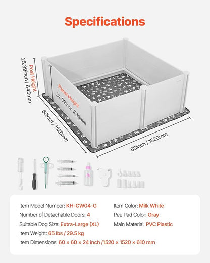 VEVOR Dogs Whelping Box, 60 x 60 x 24 inch, Plastic PVC Puppies Playpen with Height Adjustable Door and Washable Pee Pad, Anti-Deformation Indoor Puppy Play Pen for Extra Large Breed Dogs, Milk White