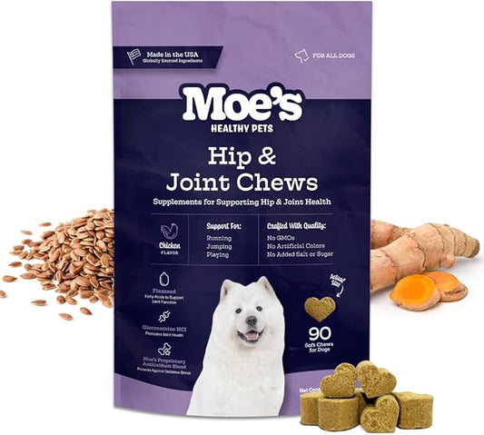 Moe_ Dog Joint Supplement 90 Soft Chews  Glucosamine, Chondroitin & Hyaluronic Acid with Vitamins C & E  Advanced Hip and Joint Support for Dogs  Ideal for Bone Health & Joint Pain Relief