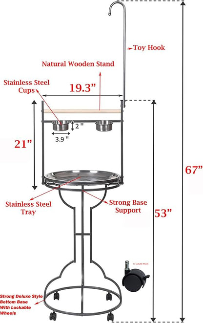 Elegant and Durable Wrought Iron Parrot Bird Play Perch Sturdy 4-Leg Rolling Stand Perch Gym Ground with Removable No Rust Stainless Steel Tray and Feed Cups Toy Hook