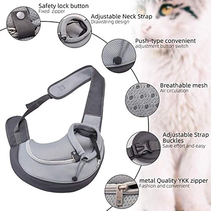 Cuby Pet Dog Sling Carrier for Small Dogs Cats,Drawstring & Zipper & Special Security Hook Triple Designs for Pets' Securty,Breathable Mesh Travel Dog Carrier Slings with Adjustable Strap (L, Grey)