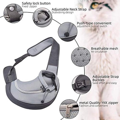 Cuby Pet Dog Sling Carrier for Small Dogs Cats,Drawstring & Zipper & Special Security Hook Triple Designs for Pets' Securty,Breathable Mesh Travel Dog Carrier Slings with Adjustable Strap (L, Grey)