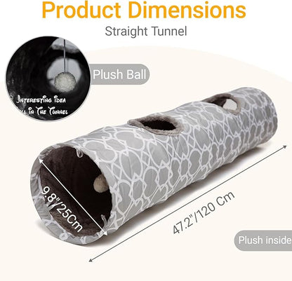 LUCKITTY Geometric Straight Cat Tunnel with Plush Inside,Cats Toys Collapsible Tunnel Tube with Balls, for Rabbits, Kittens, Ferrets,Puppy, Diameter 9.8 Inch