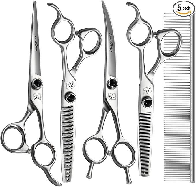 Dog Grooming Scissors: 5 in 1 Pet Shears Kit Made Of Japanese 9CR Advanced Stainless Steel Professional Grooming Scissors for Dogs Cats and Other Pets