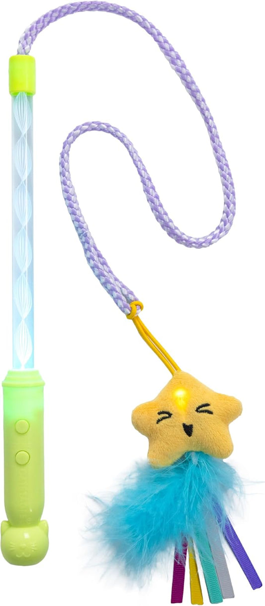 Catstages Twinkle Star Light Up Cat Wand Toy with LED Color-Changing Lights, Feathers & Ribbon Plush Star Attachment, Interactive Flirt Pole for Indoor Cats & Kittens