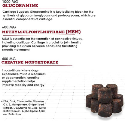 Triple Strength Hypo-Allergenic Soft Chews for Dogs - Hip and Joint Support Supplement with Glucosamine, Chondroitin, & MSM - Made in The USA - 120 Soft Chews