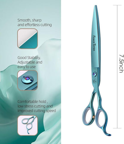 Dog Grooming Scissors: Blueish Green 7.5 inch Pet Straight Shears Made Of Japanese 440C Advanced Stainless Steel Professional Grooming Scissors for Dogs Cats and Other Pets