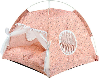Cute Dog Tent House, Indoor Pet Tent Waterproof Bottom Detachable Cat Princess Indoor Tent House Pet Dog Cute Floral Cave Nest Bed Portable Dog Tents with Mesh Door Window for All Seasons (Pink)