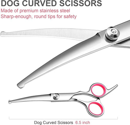 Dog Grooming Kit with Safety Round Tips Stainless Steel Professional Dog Shears Set - Thinning, Curved Scissors and Comb for Cat Pet