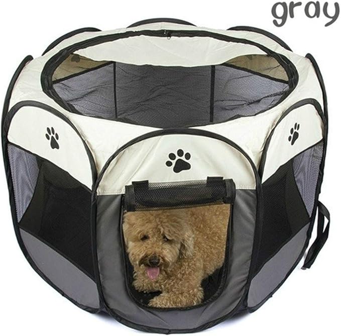 Dog playpen, Foldable Puppy Playpen, Pet Playpen Carrier Pop Up Tent 8-Panel Mesh Cover Adorable Design 600D Soft Oxford Playpen Kennel for Indoor-Outdoor Dog Cat Rabbit. (S 28" * 28" * 18", Gray)