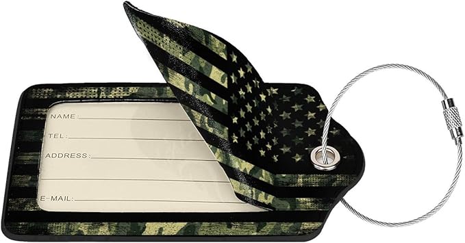 2 Pcs Camouflage American Flag Luggage Tag for Suitcase, 4th of July Decorations Camo US Flag Patriotic Decor Party Birthday Gifts Men Women, Identifiers Privacy Cover ID Label with Steel Loop